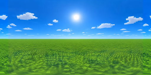 Low-poly Green Field Under Bright Blue Midday Sky HDRI Sphere preview showing a 360-degree HDRI environment sphere