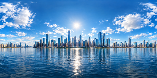 Sunny Midday Blue-sky Broad Waterfront Skyline HDRI Sphere preview showing a 360-degree HDRI environment sphere