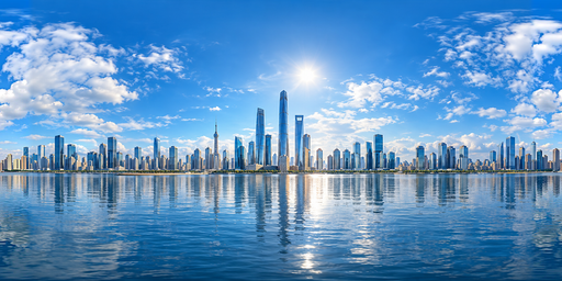 Clear Midday Blue-sky Tall-tower Waterfront HDRI Sphere preview showing a 360-degree HDRI environment sphere