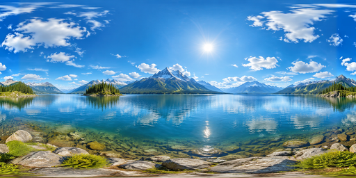 Blue Noon Alpine Lake Under Scattered Clouds HDRI Sphere preview showing a 360-degree HDRI environment sphere