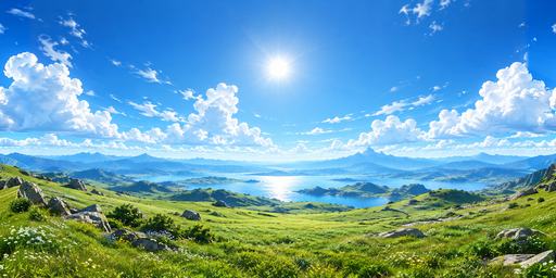 Green Noon Alpine Meadow And Lake Under Clouds HDRI Sphere preview showing a 360-degree HDRI environment sphere