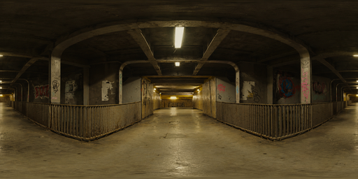 Dim Amber-lit Underground Concrete Passage HDRI Sphere preview showing a 360-degree HDRI environment sphere