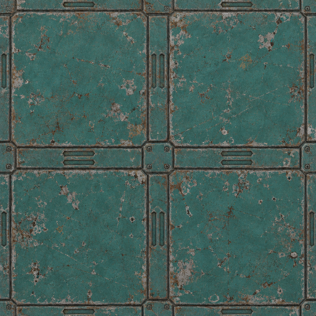 Weathered Turquoise Vented Sci-Fi Metal Panel Texture preview showing a worn sci-fi texture