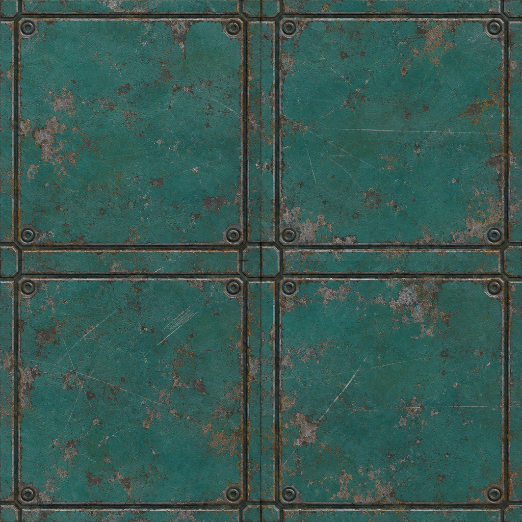 Dark Teal Rusted Riveted Grid Sci-Fi Panel Texture preview showing a worn sci-fi texture