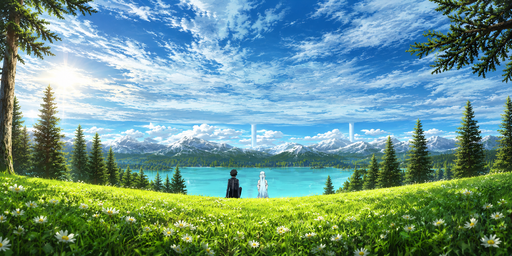 Sunny Green Lakeside Meadow With Two Figures HDRI Sphere preview showing a 360-degree HDRI environment sphere