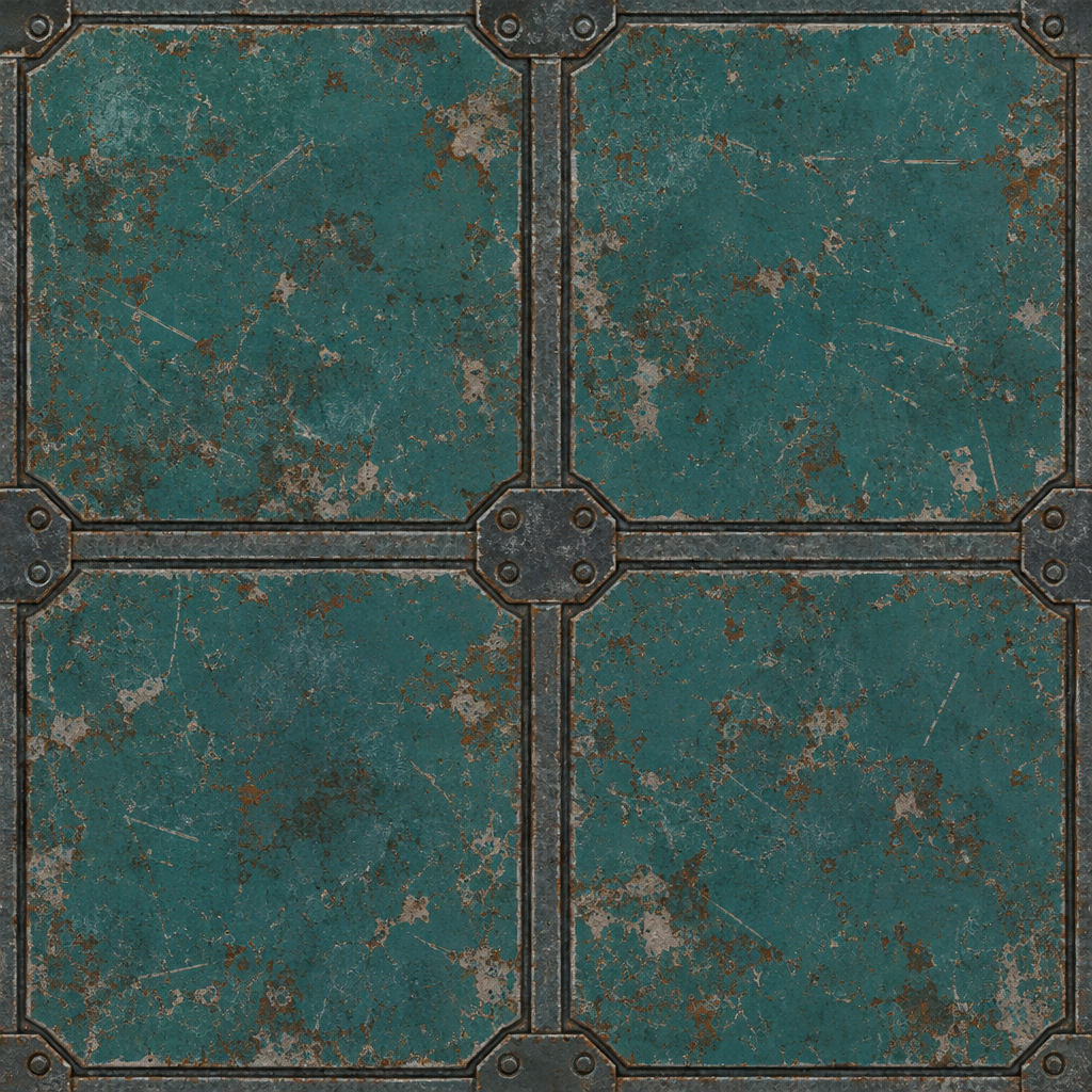 Teal Rust-Spotted Riveted Sci-Fi Grid Panel Texture preview showing a worn sci-fi texture