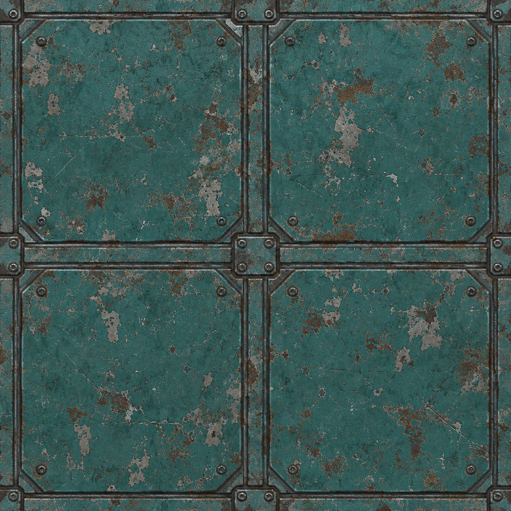Riveted Teal Steel Grid with Rust-Patched Panels Texture preview showing a worn metal texture