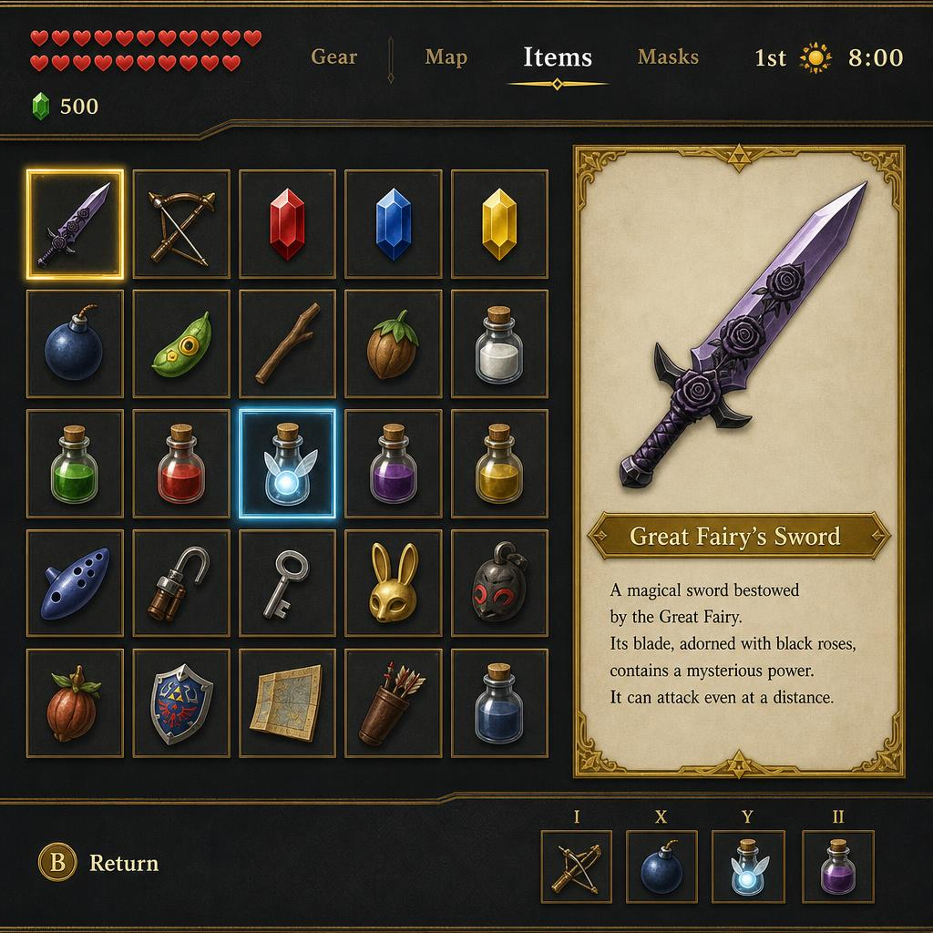 Black-and-Gold Fantasy Inventory UI with a Violet Floral Sword Texture preview showing a stylized UI texture