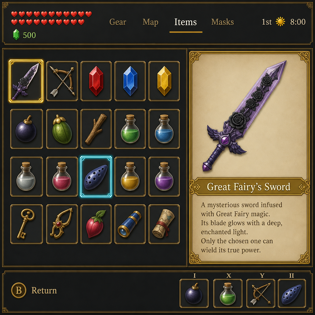 Dark Game Inventory UI with a Rose-Engraved Purple Blade Texture preview showing a stylized UI texture