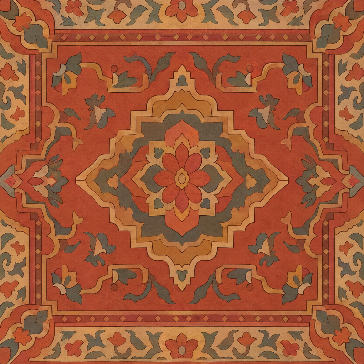 Rust Red and Ochre Medallion Rug Pattern Texture preview showing a worn fabric texture