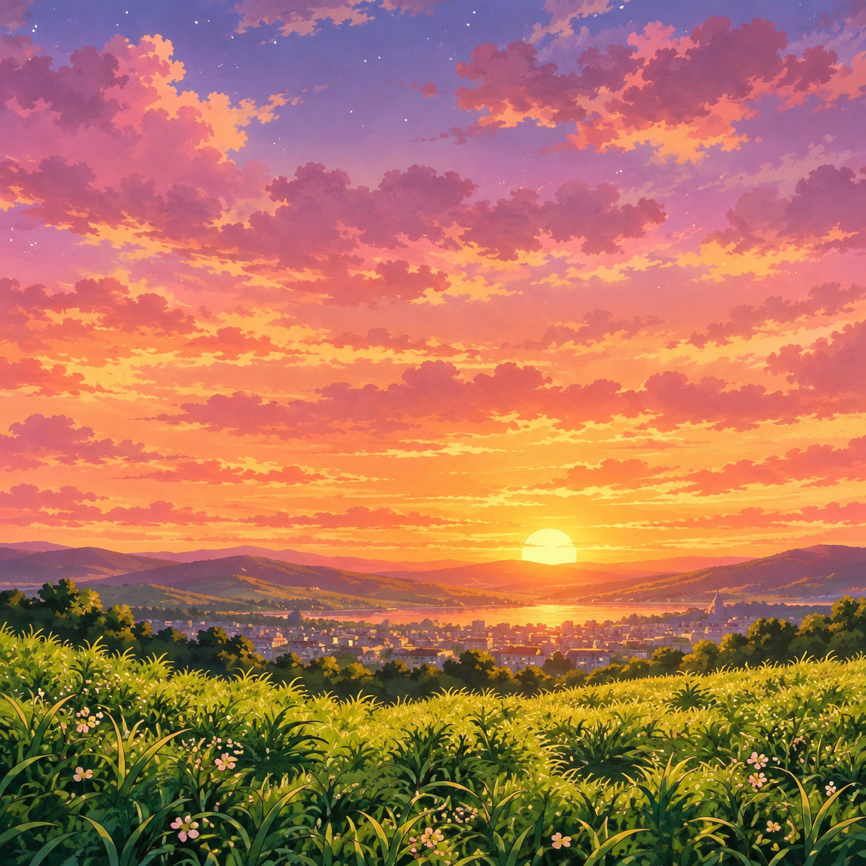 Pink-Orange Sunset over Meadow and Hills Texture preview showing a surface other texture