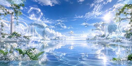 Bright Blue-sky Garden Atrium Over Reflective Water HDRI Sphere preview showing a 360-degree HDRI environment sphere