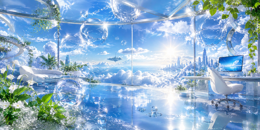 Bright Blue-sky Glass Atrium With Reflective Pool HDRI Sphere preview showing a 360-degree HDRI environment sphere