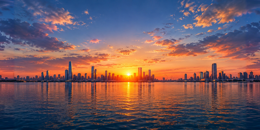 Amber Clouded Sunset Over Waterfront Skyline HDRI Sphere preview showing a 360-degree HDRI environment sphere