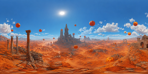 Floating Pumpkins Over Red Desert Ruins At Clear Noon HDRI Sphere preview showing a 360-degree HDRI environment sphere