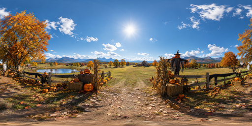 Orange Autumn Pumpkin Farm At Sunny Noon HDRI Sphere preview showing a 360-degree HDRI environment sphere