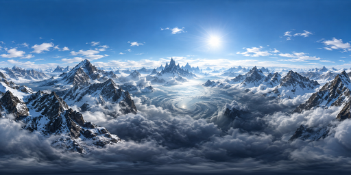 Midday Sun Over Blue-sky Alpine Peaks And White Cloud Sea HDRI Sphere preview showing a 360-degree HDRI environment sphere