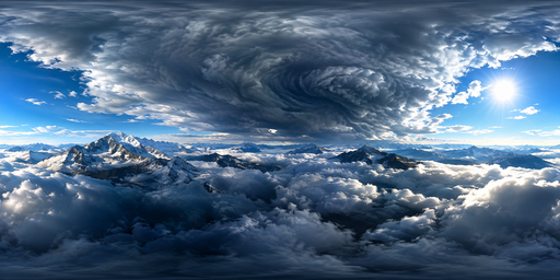 Bright Sun Over Snowy Peaks Beneath A Spiraling Storm HDRI Sphere preview showing a 360-degree HDRI environment sphere