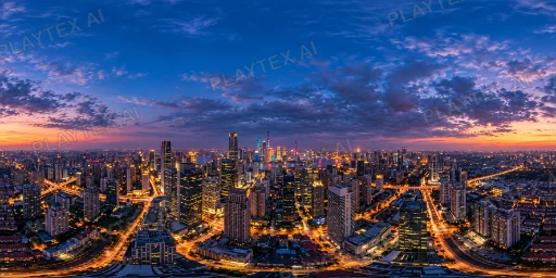 Blue Hour City Skyline Lights HDRI Sphere preview showing a 360-degree HDRI environment sphere