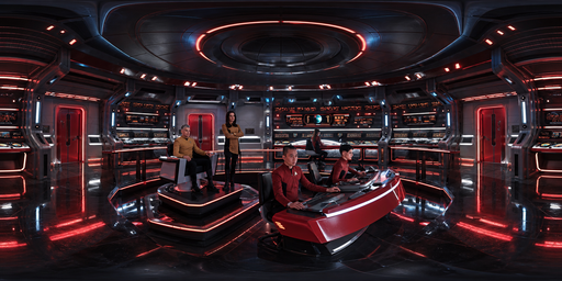 Red-lit Futuristic Command Bridge Interior HDRI Sphere preview showing a 360-degree HDRI environment sphere