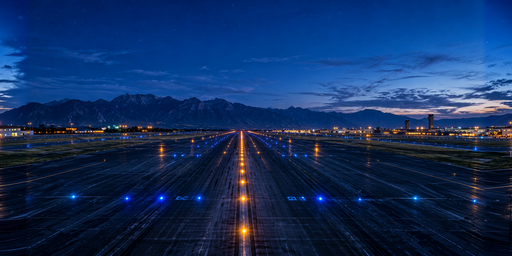 Blue-twilight Airport Runway With Amber Lights HDRI Sphere preview showing a 360-degree HDRI environment sphere