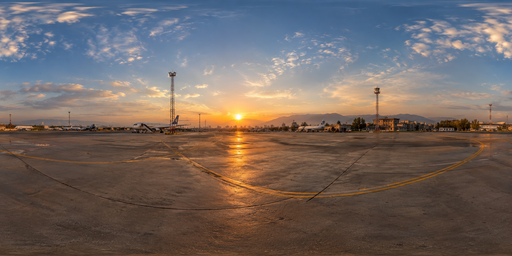 Golden Sunset Airport Apron HDRI Sphere preview showing a 360-degree HDRI environment sphere