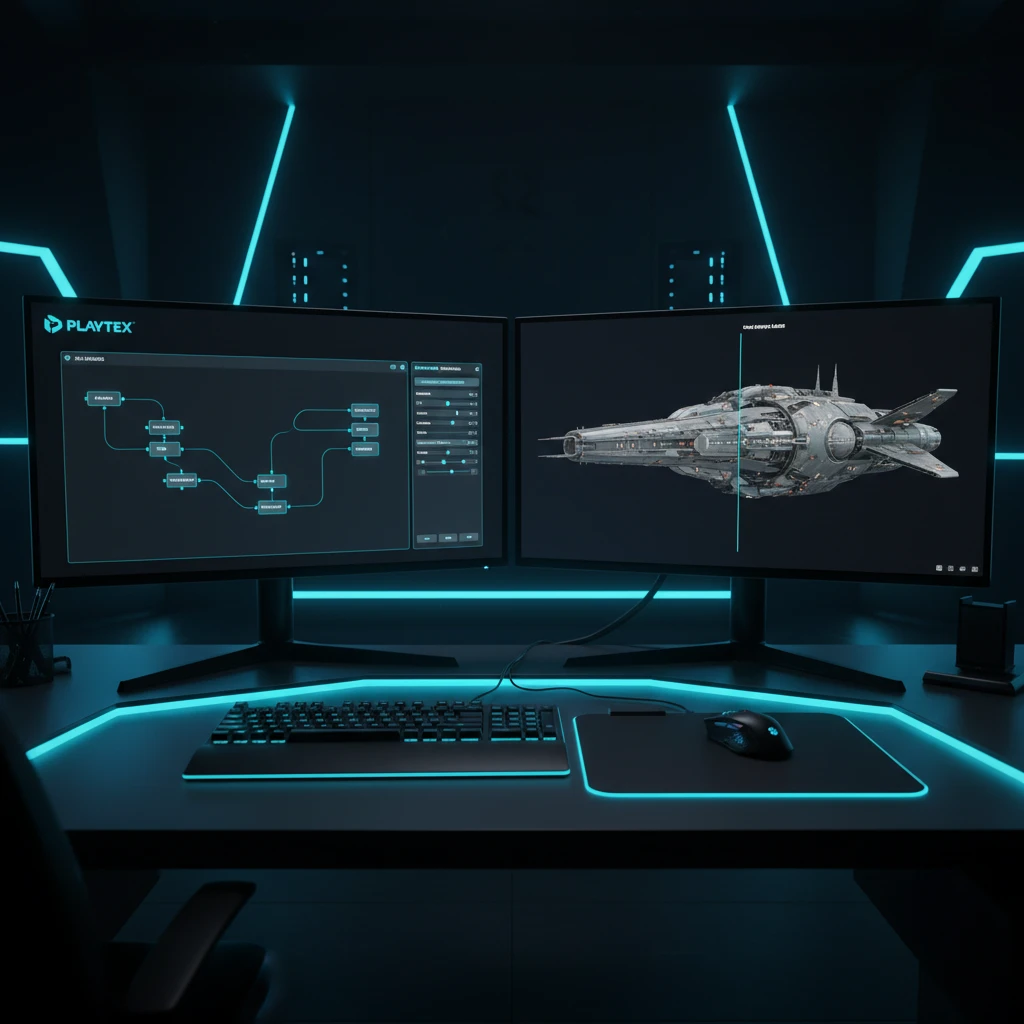 A 3D artist using PLAYTEX to generate PBR maps for a game asset, with a focus on a clean, efficient UI and real-time preview of a textured 3D model.