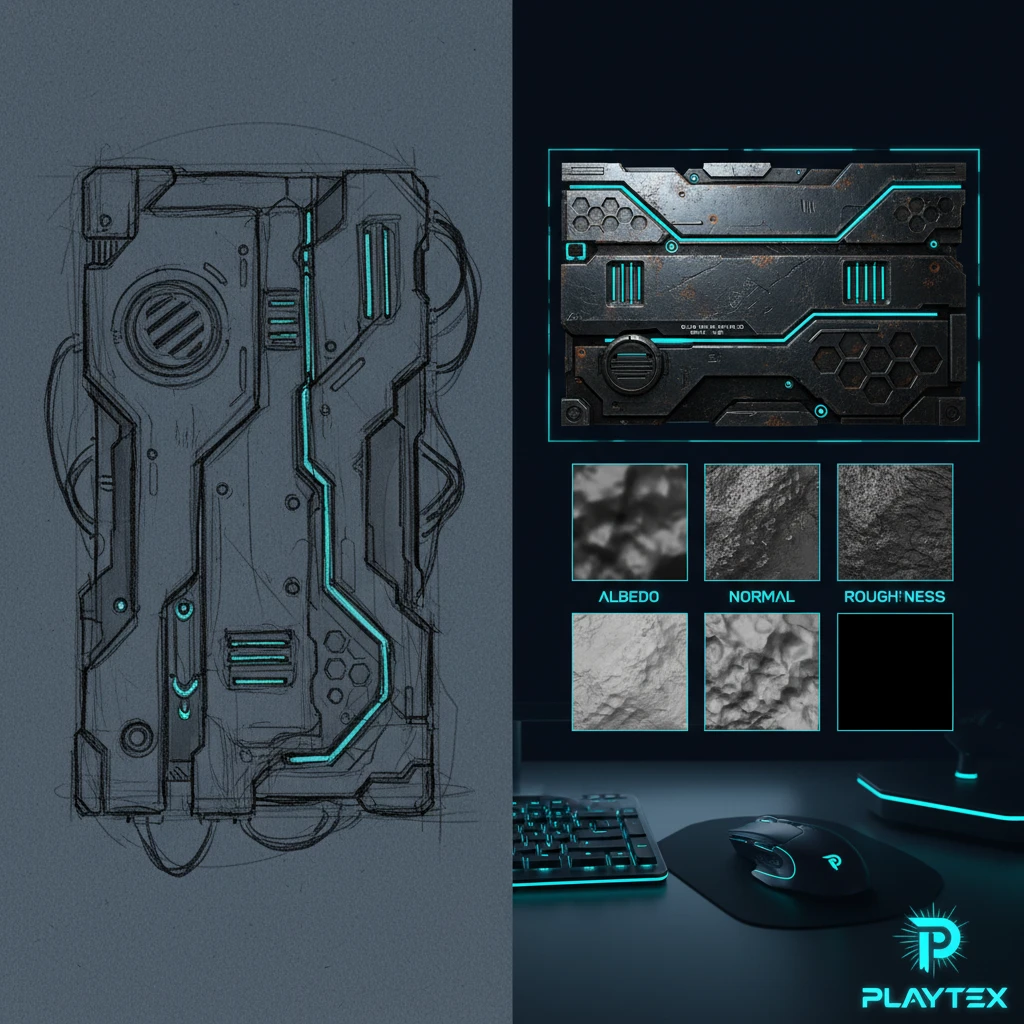 A split view showing a rough concept sketch on one side and a fully realized PBR material generated by PLAYTEX on the other, demonstrating the transformation from idea to engine-ready asset.