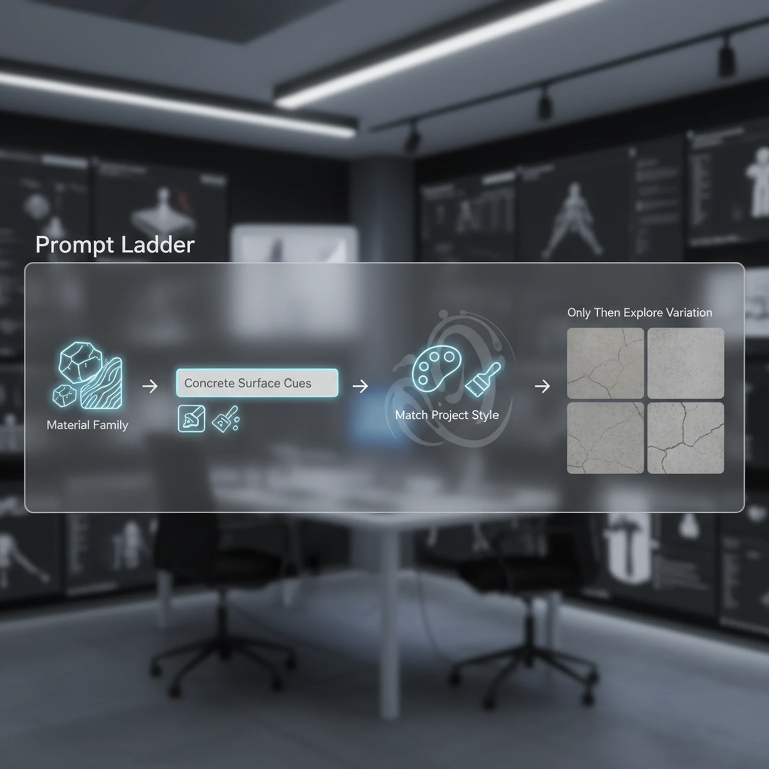 AI Texture Generator Guide for Seamless Surface Creation visual walkthrough for Prompt Ladder: Choose material family, Add concrete surface cues, Match project style