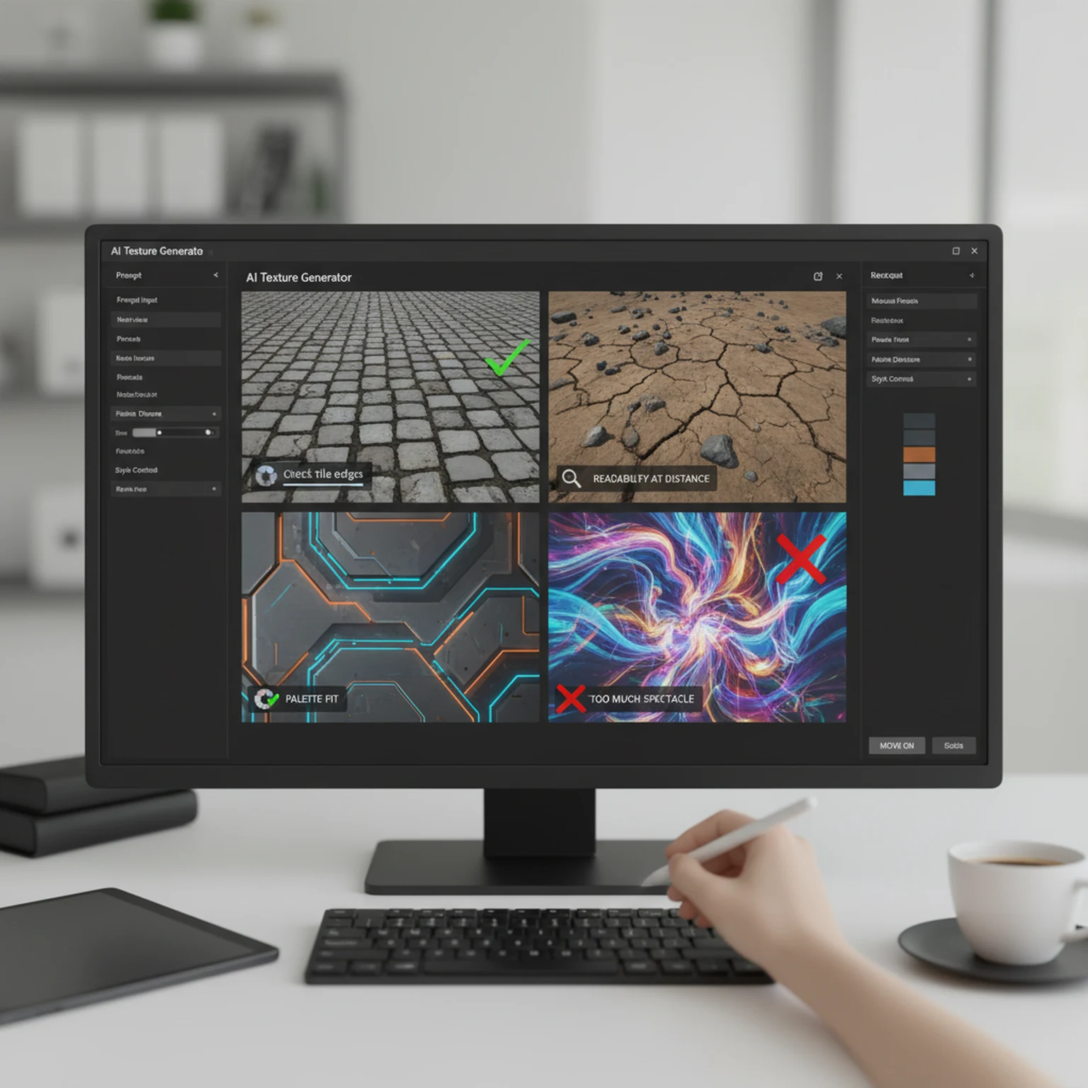 AI Texture Generator Guide for Seamless Surface Creation visual walkthrough for Selection Discipline: Check tile edges, Check readability at distance, Check palette fit