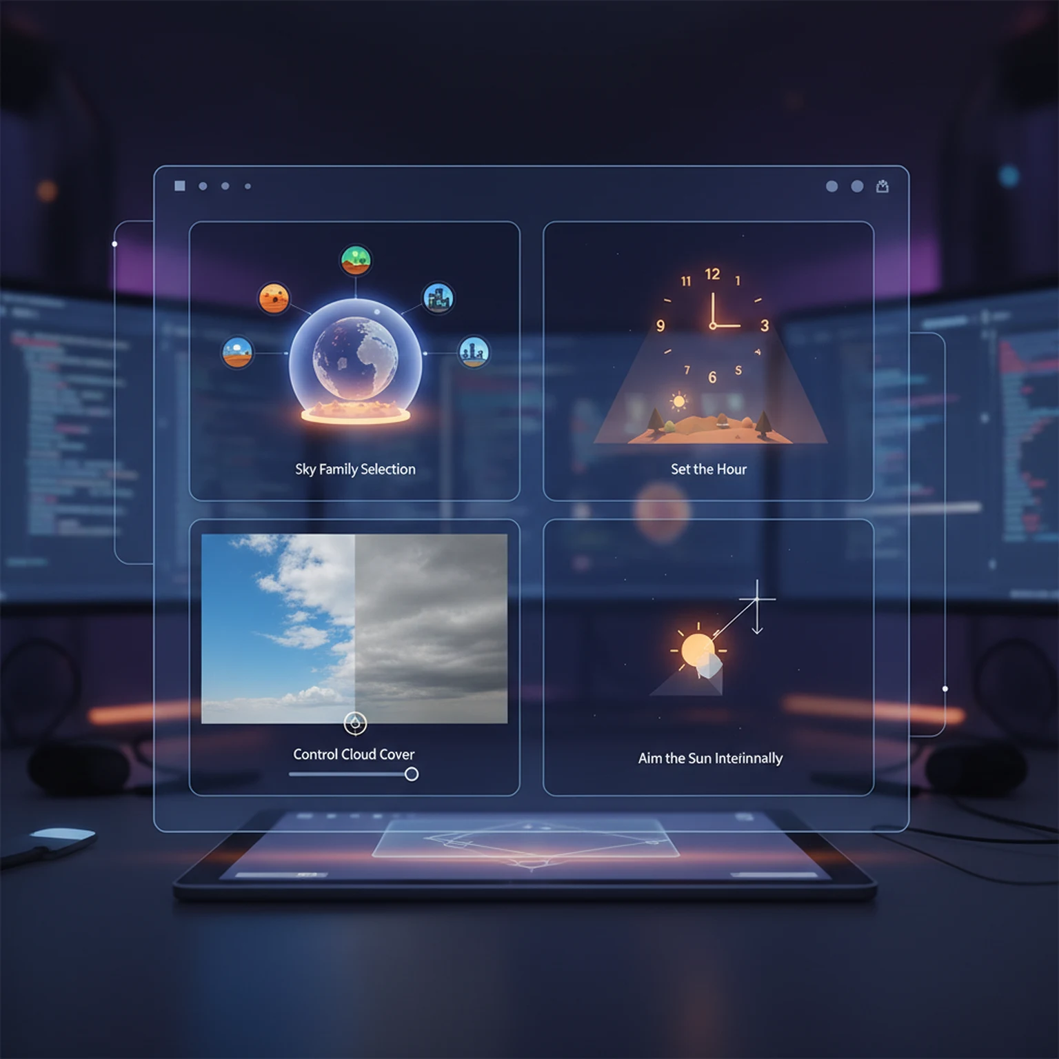 HDRI Sphere Generator Guide for 360 Lighting Environments visual walkthrough for Lighting First: Pick the sky family, Set the hour, Control cloud cover