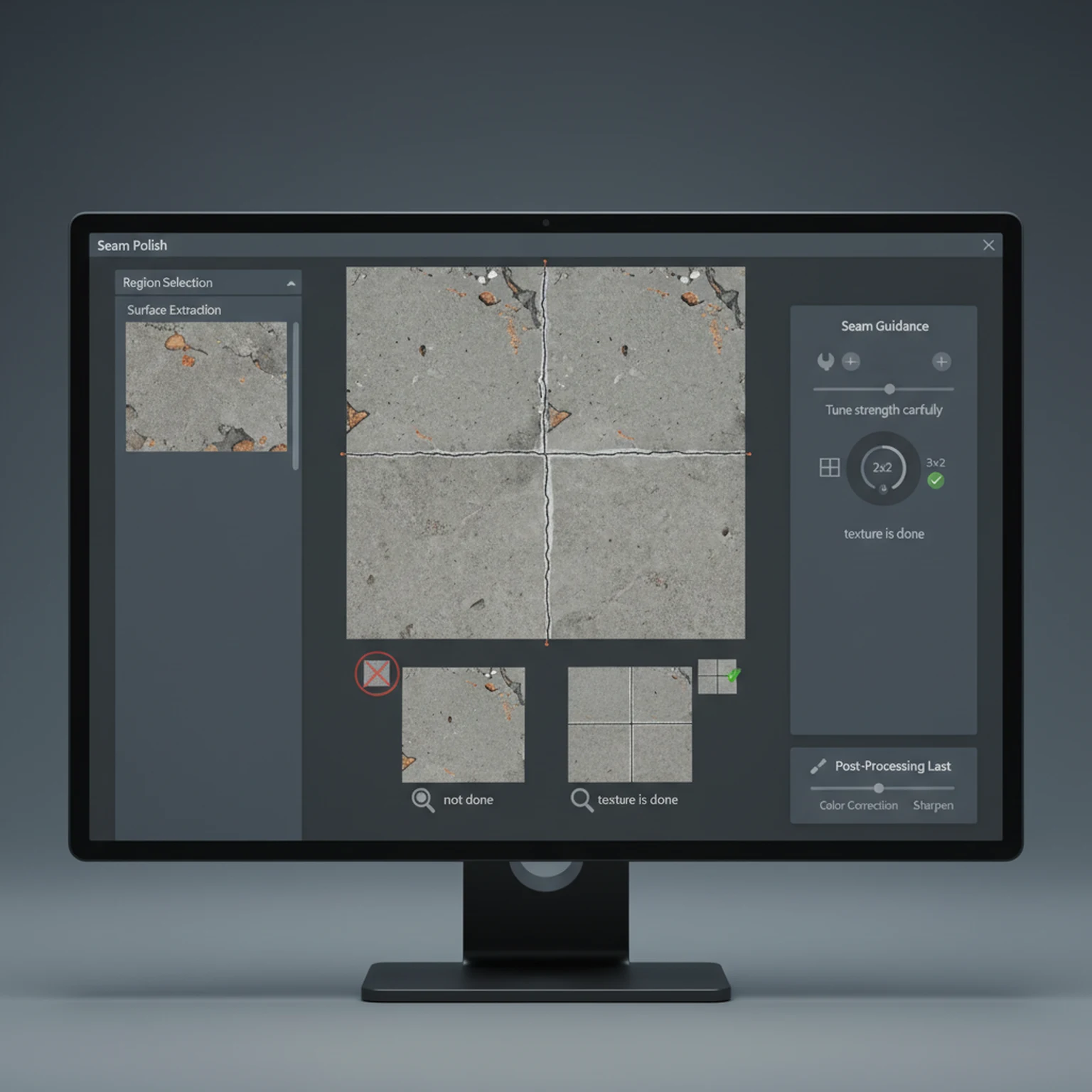 Image to Texture Generator Guide for Photos, Scans, and Reference Surfaces visual walkthrough for Seam Polish: Check seam metric, Inspect 2x2 or 3x3 tile, Tune strength carefully
