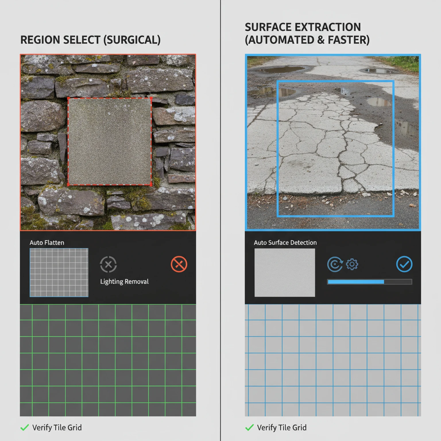 Image to Texture Generator Guide for Photos, Scans, and Reference Surfaces visual walkthrough for Two Intake Modes: Manual crop for exact control, Auto flatten for perspective cleanup, Use lighting removal on photos