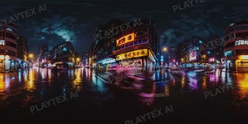 Rainy Neon City Street At Night HDRI Sphere preview showing a 360-degree HDRI environment sphere