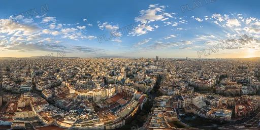 Warm Sunset Dense Urban Skyline HDRI Sphere preview showing a 360-degree HDRI environment sphere