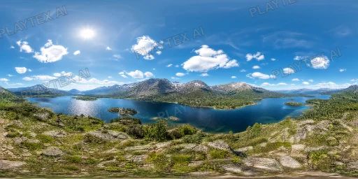 Sunny Alpine Lake And Mountain Basin HDRI Sphere preview showing a 360-degree HDRI environment sphere