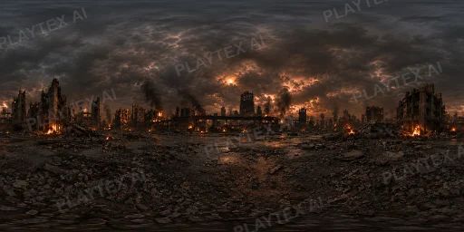 Firelit Ruined City Under Storm Clouds HDRI Sphere preview showing a 360-degree HDRI environment sphere