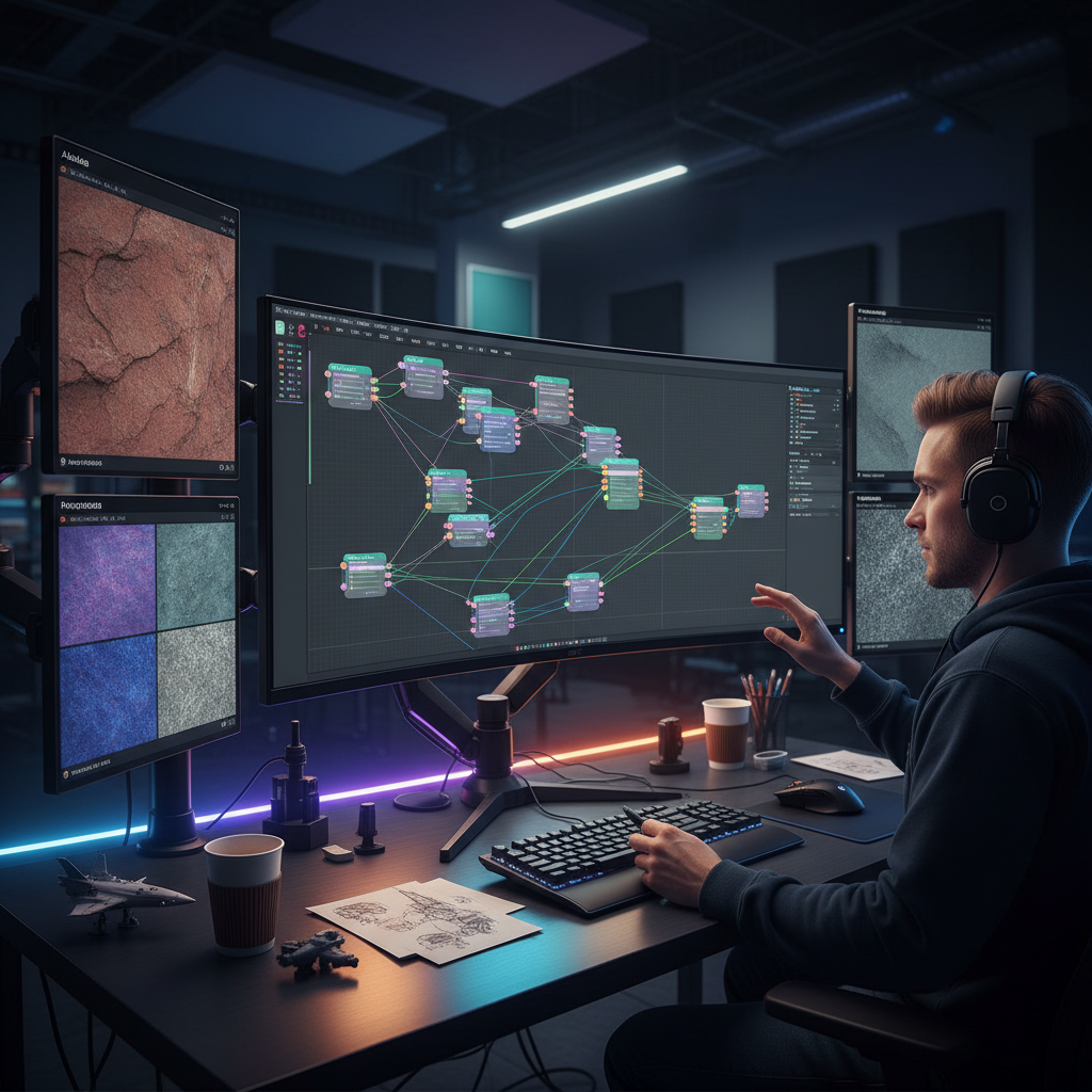An artist using a node-based editor to create deterministic PBR materials, showing the interconnectedness of texture maps.