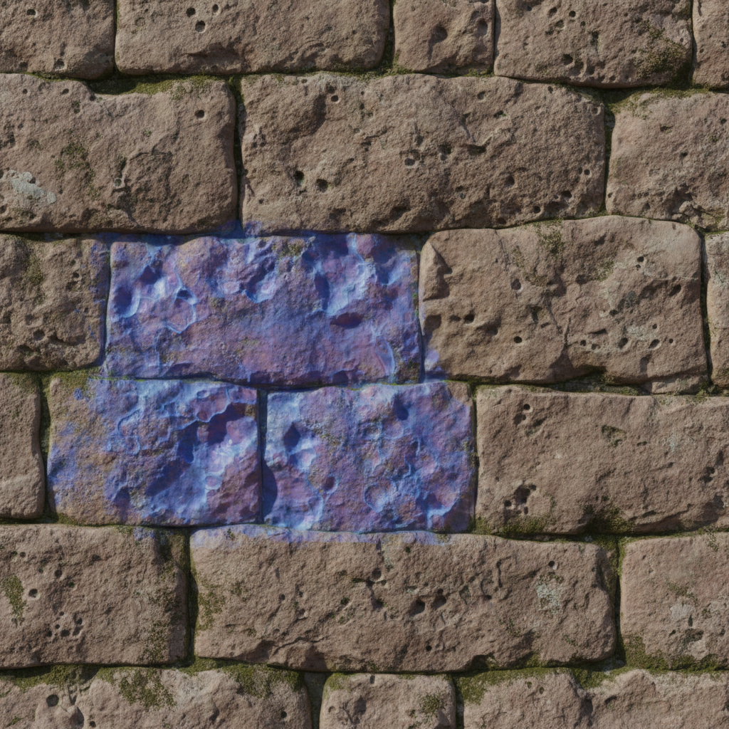 A detailed 3D model of a weathered stone wall section, showcasing intricate cracks and textures rendered realistically with a normal map. The normal map itself is shown as a blue-purple texture overlay.