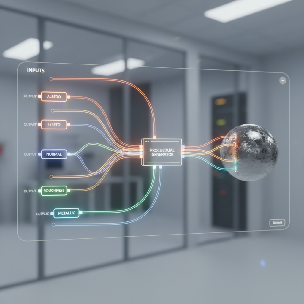Diagram showing a procedural material graph with consistent inputs leading to predictable PBR texture outputs.