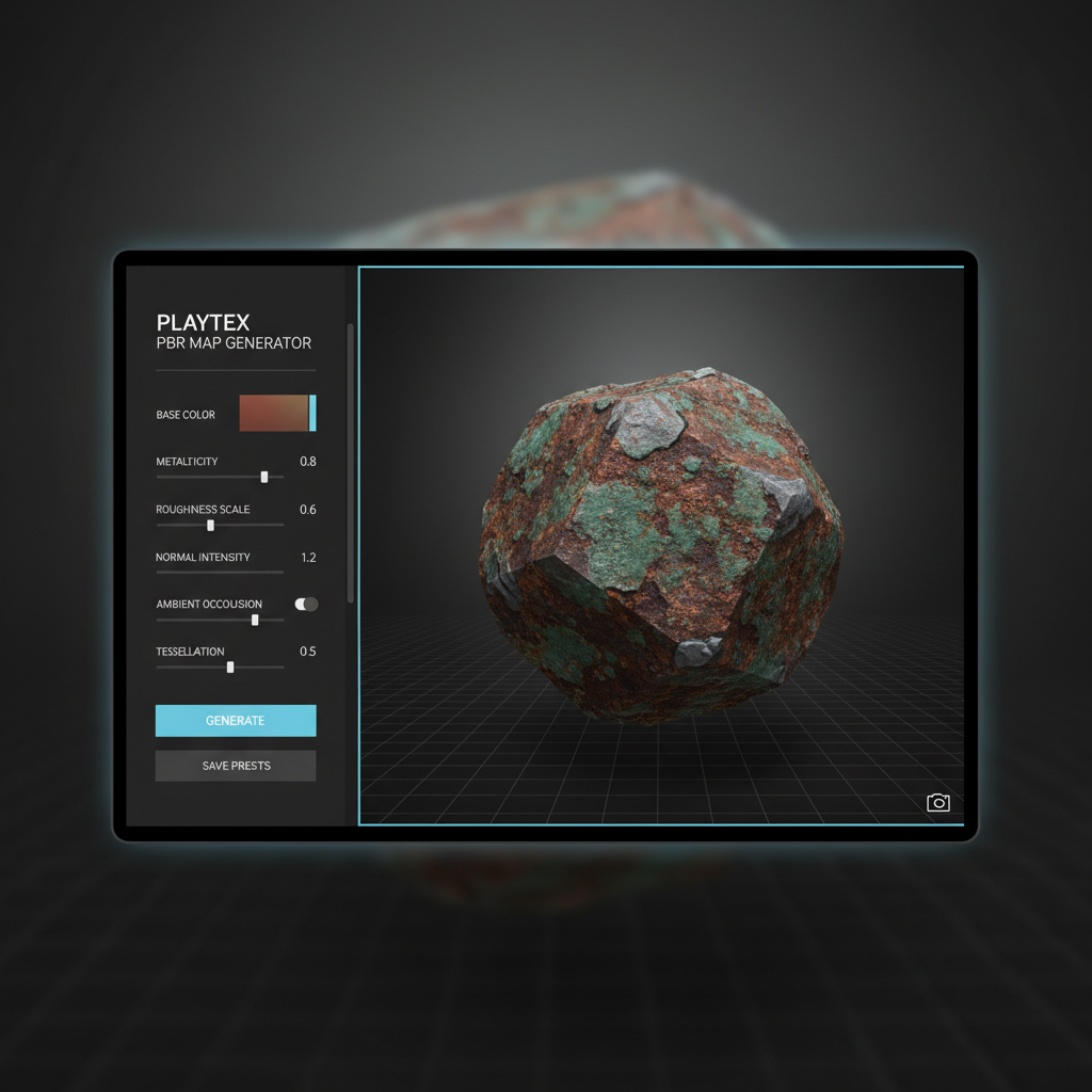 PLAYTEX PBR map generator interface showing input parameters and consistent texture output preview.