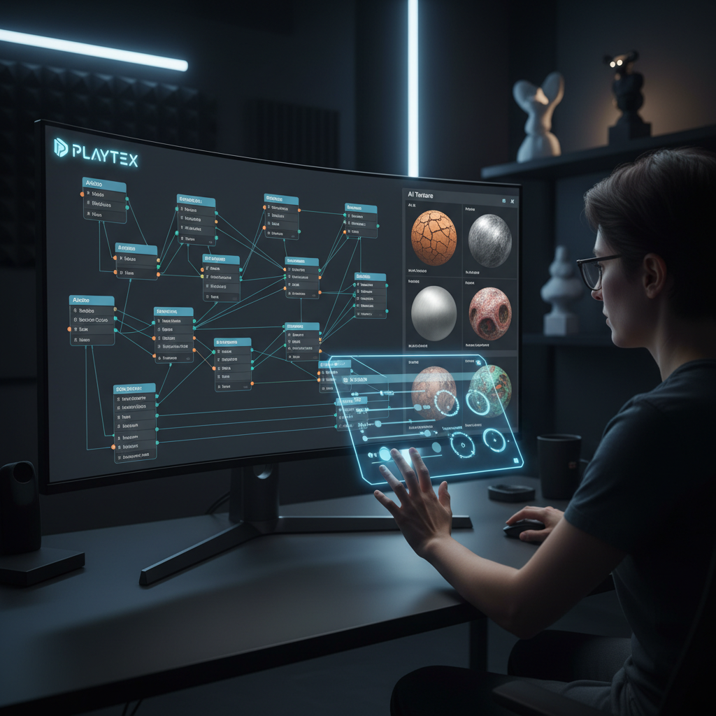 A digital artist using PLAYTEX's interface to generate PBR maps and AI textures, with various material nodes and parameters visible.