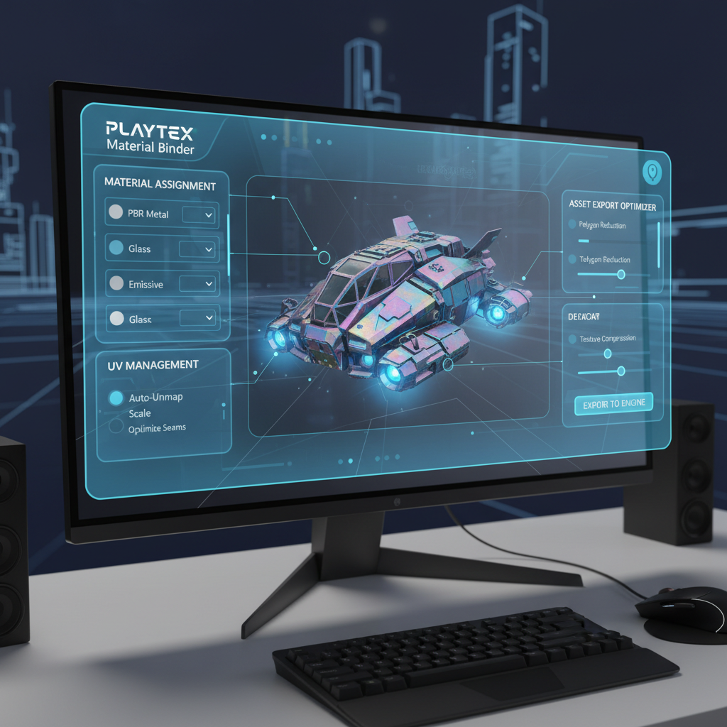 A 3D model in a game engine viewport, with PLAYTEX's material binding interface overlaid, showing seamless integration and optimized asset export.