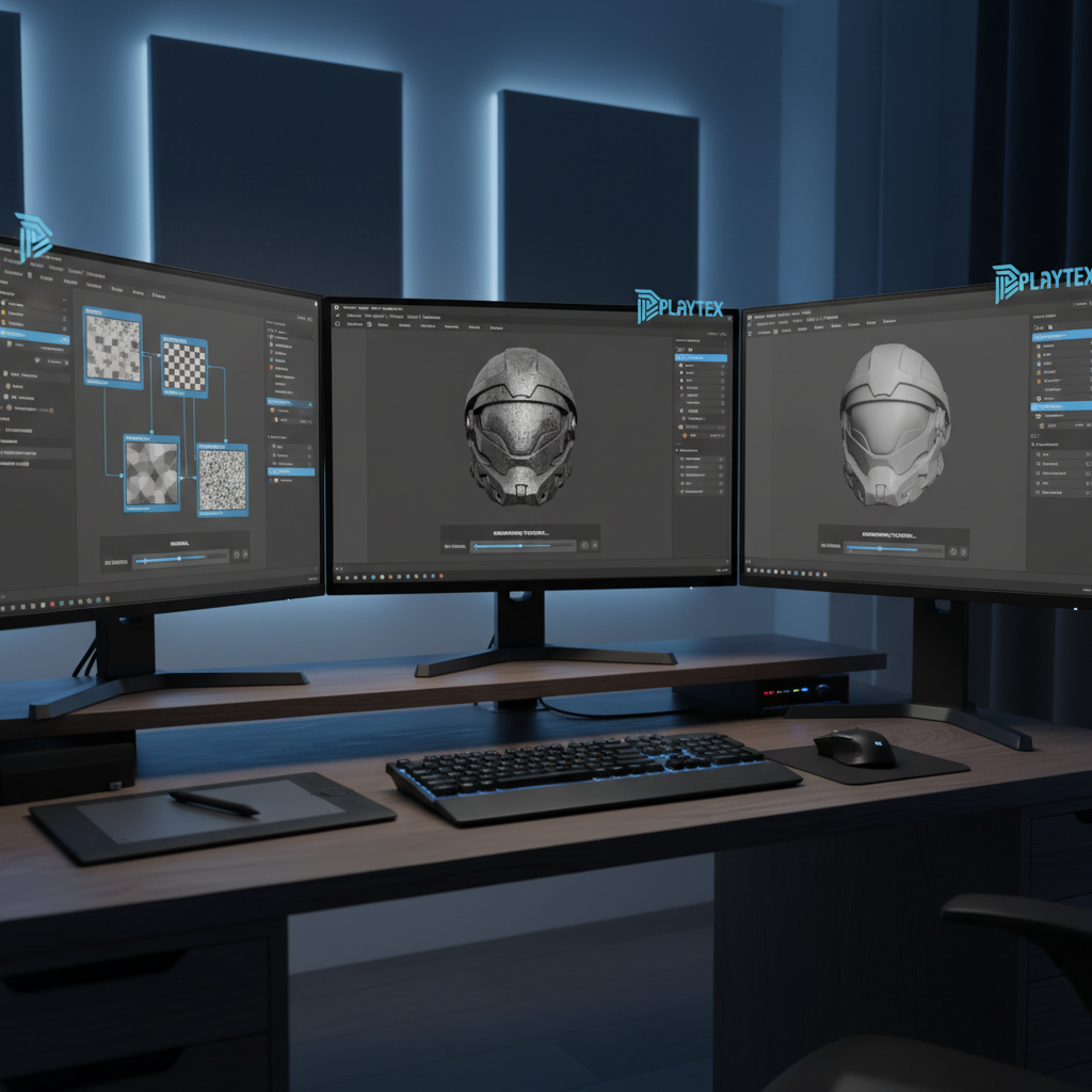 A digital workstation displaying a 3D model with various PBR texture maps (Albedo, Normal, Roughness) being generated and previewed in a clean, modern UI.