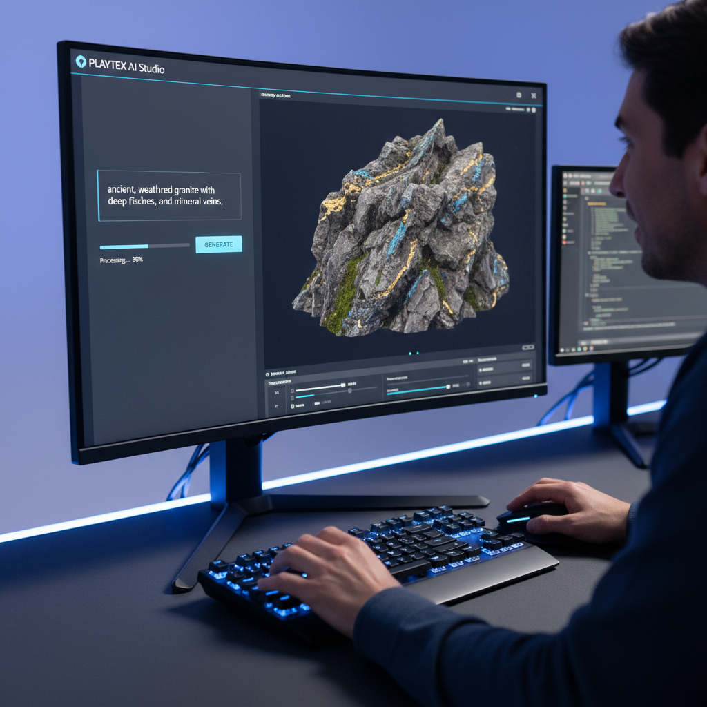 A game developer using a sleek, dark-themed PLAYTEX interface to generate a complex, realistic rock texture using AI from a text prompt.