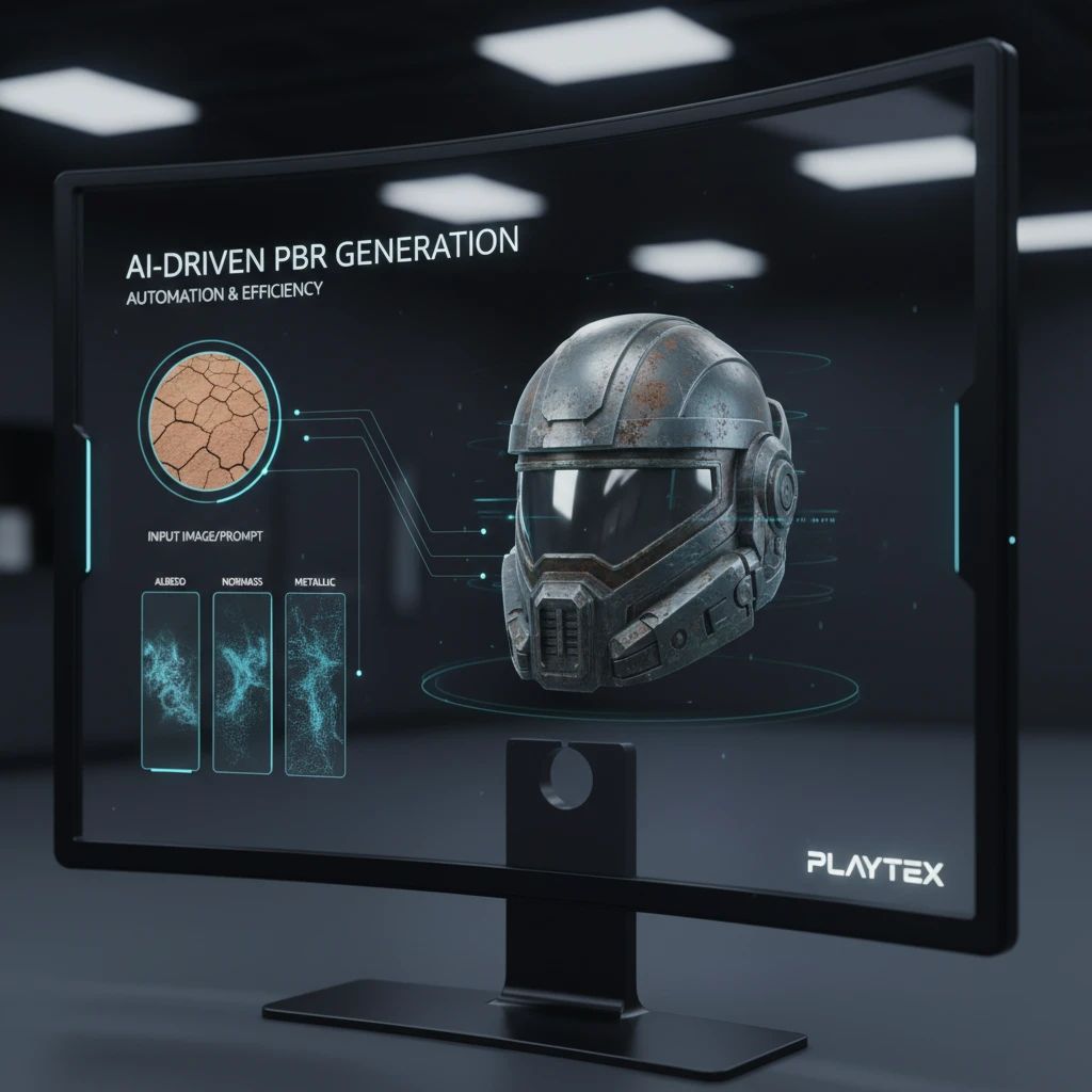 A futuristic interface showing AI-driven PBR map generation, with various texture maps (albedo, normal, roughness, metallic) being generated from a single input image or prompt, displayed on a 3D model.
