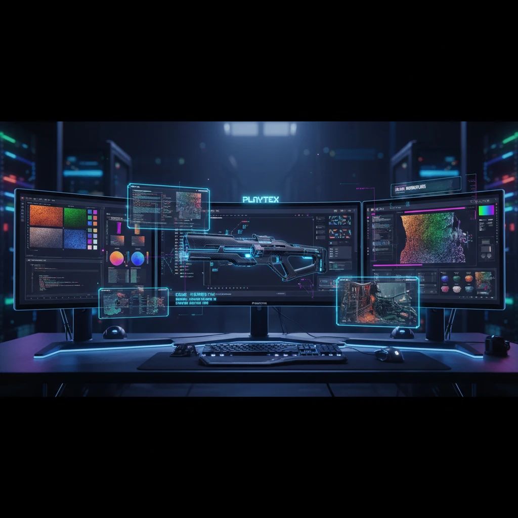 A high-tech workstation displaying PBR texture maps and a 3D game asset, symbolizing advanced PBR mapping workflows.