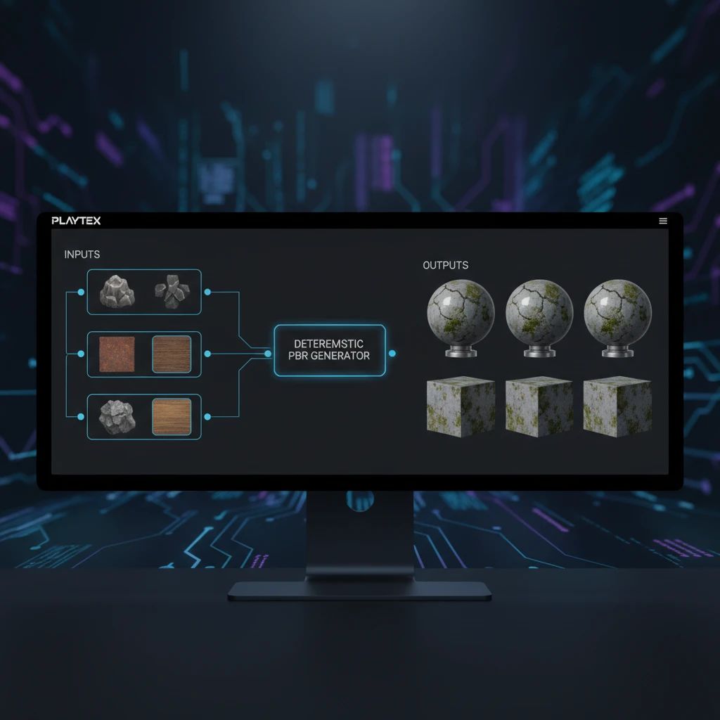 A visual representation of a deterministic PBR texture generation workflow, showing consistent outputs from varied inputs within the PLAYTEX platform.