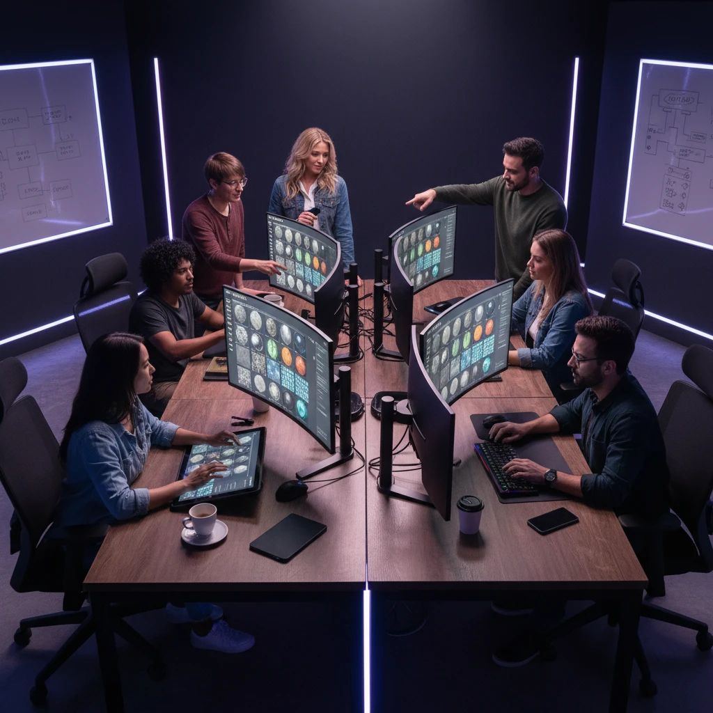 A team of game developers collaborating on a shared PBR texture library within the PLAYTEX platform, showing consistent material previews across multiple screens.