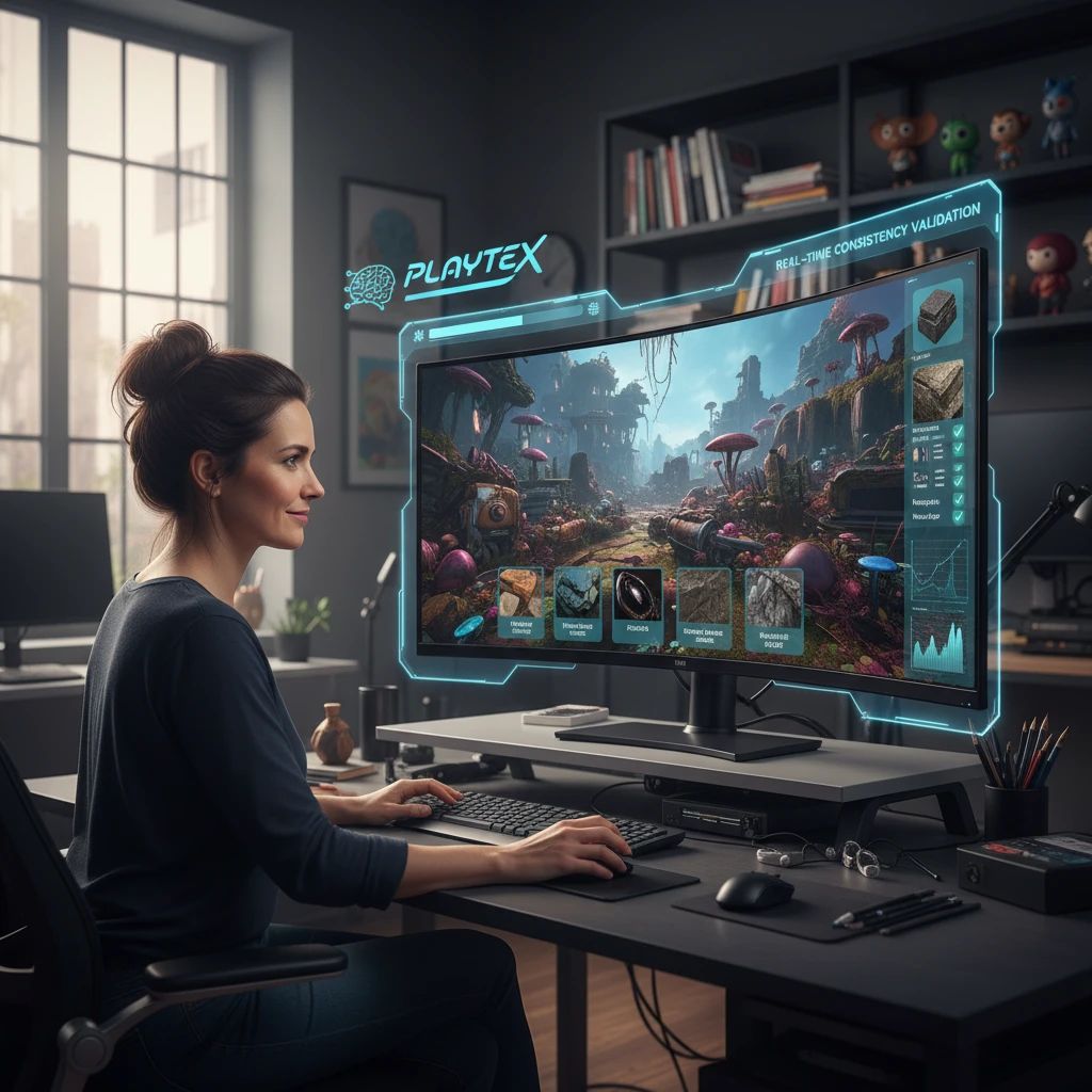 Game artist using PLAYTEX for AI-powered PBR texture generation and consistency.